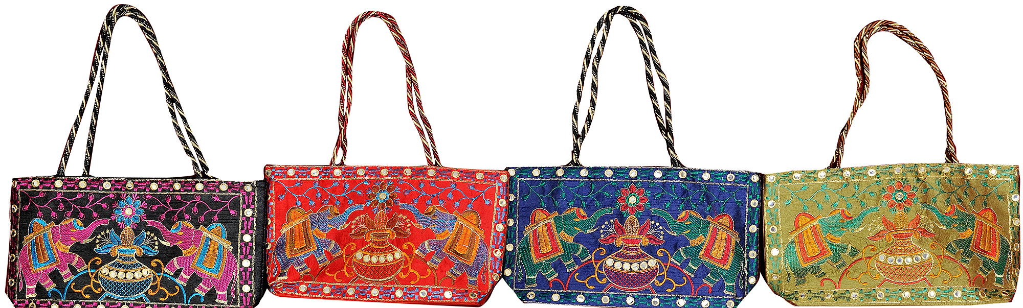 Lot Of Four Mirrored Handbags From Gujarat With Aari Embroidered