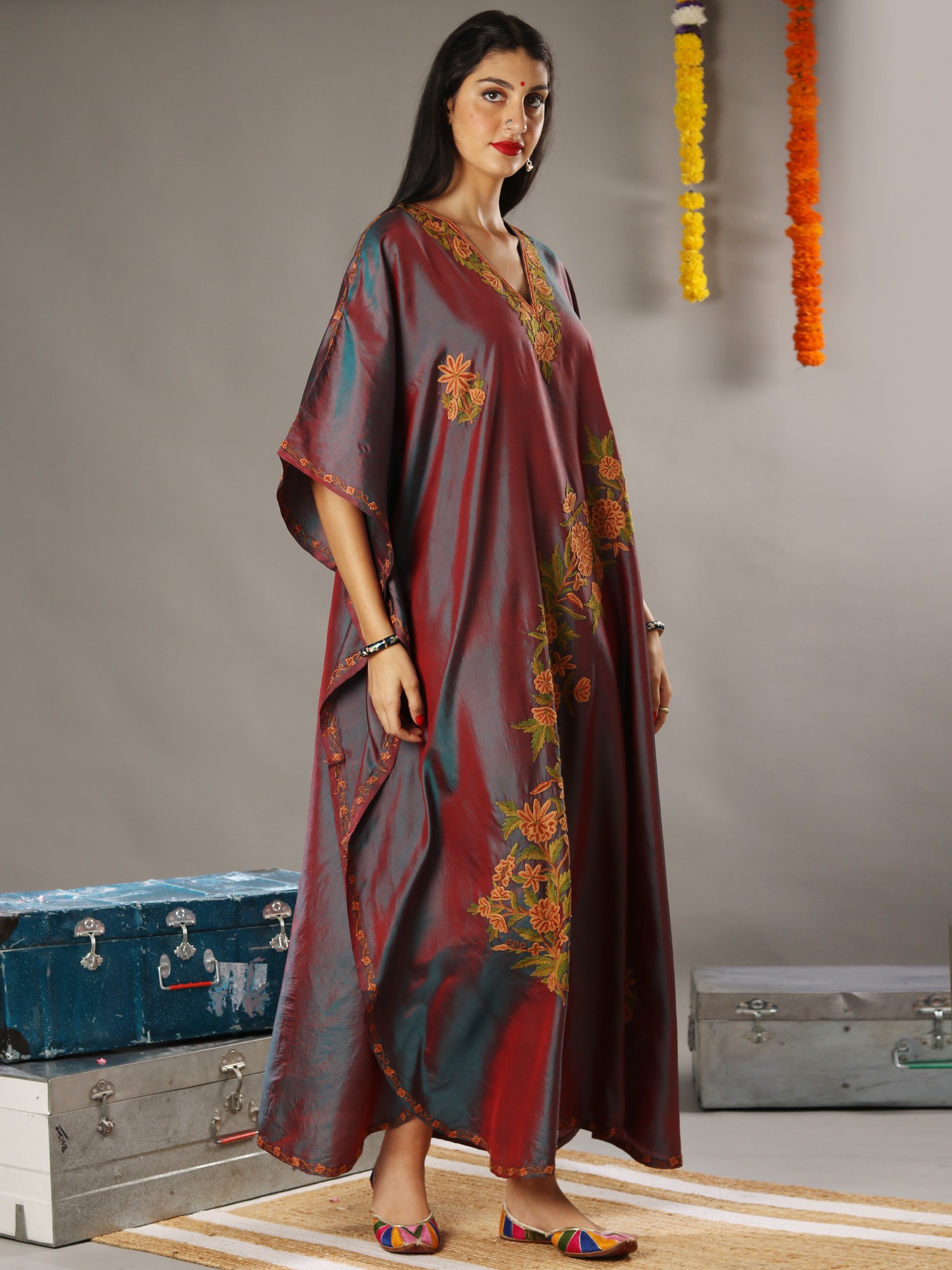 Aari Floral Embroidery Iridescent Satin Kaftan With Detailed Colorful