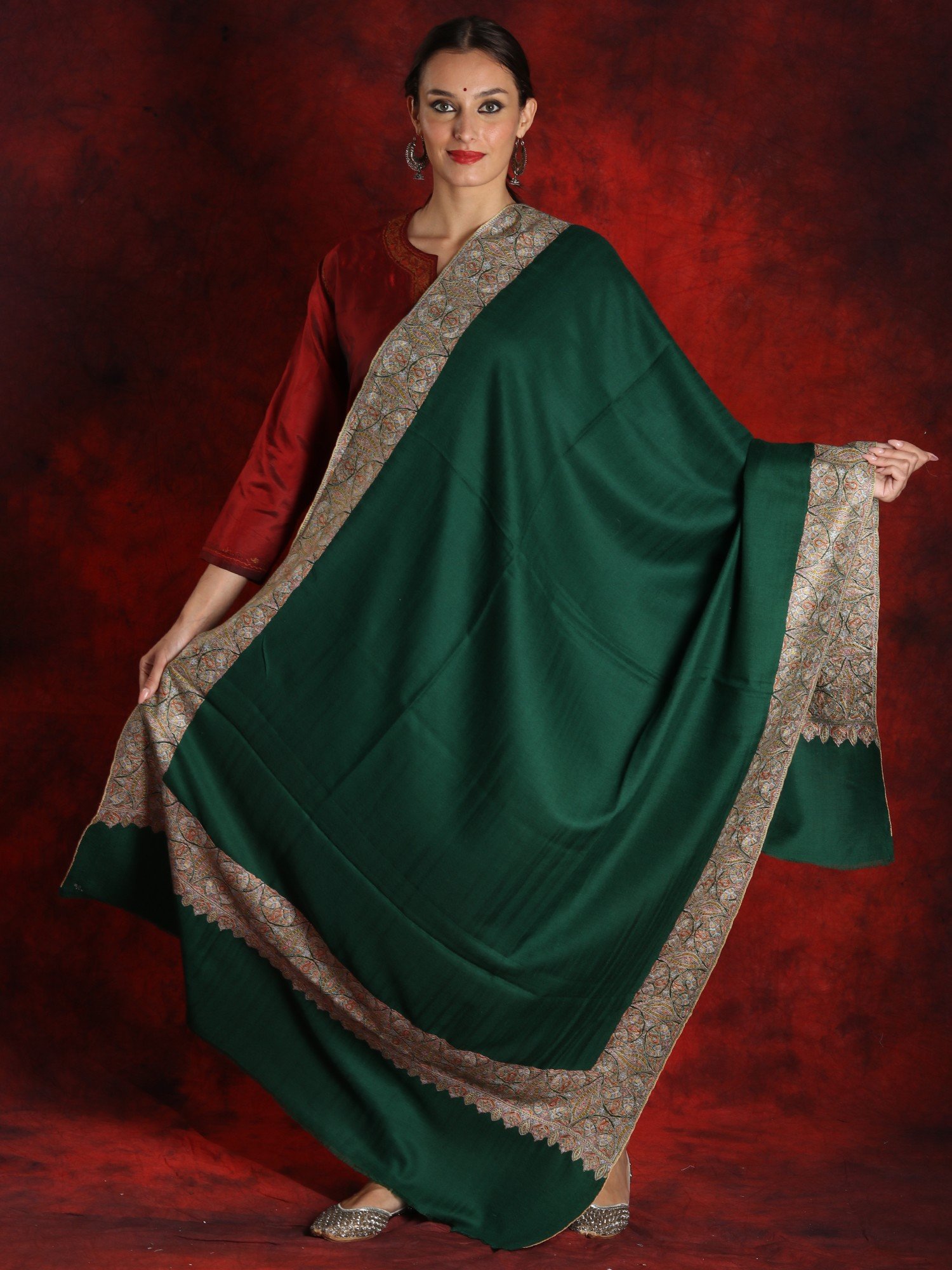 Pure Pashmina Dark Green Colored Sozni Papermachi Embroidered Border