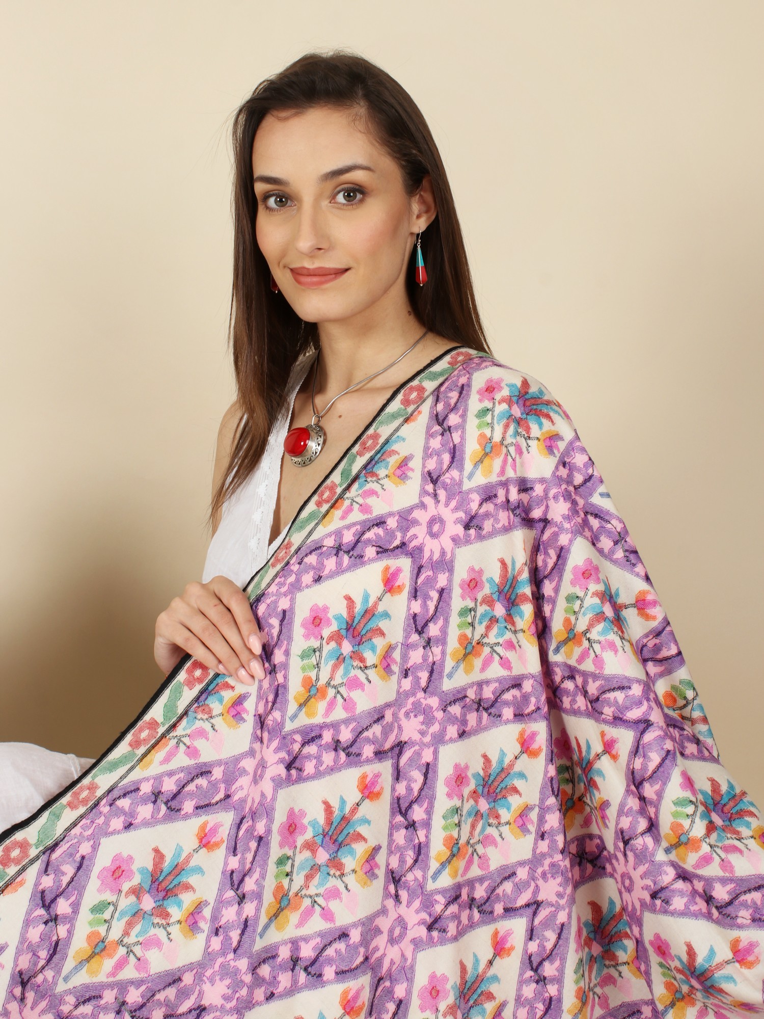 Pure Pashmina Handloom Kani Shawl With Multicolor Floral Motif In