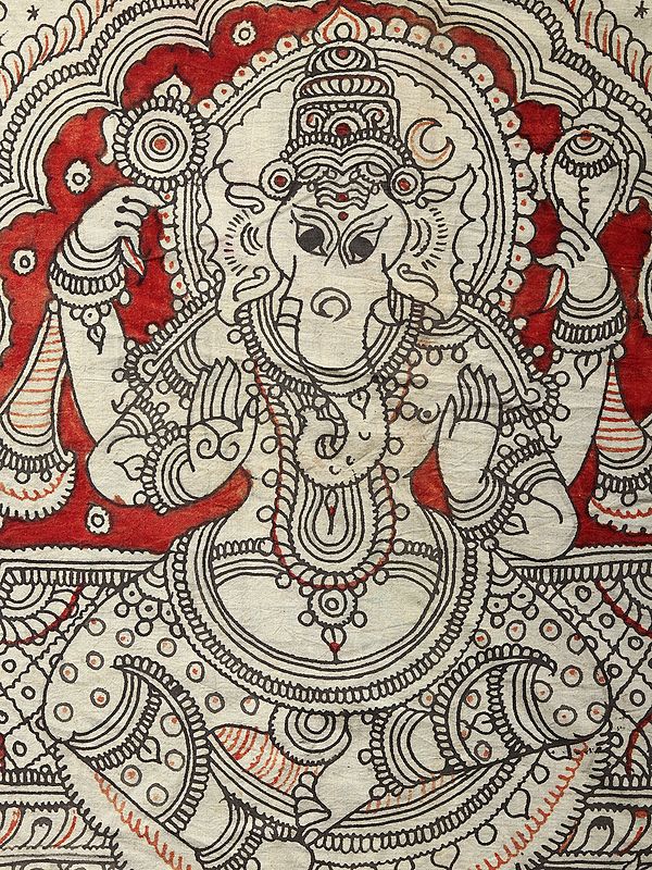 Sitting Chaturbhuja Lord Ganesha Kalamkari Painting Exotic India Art