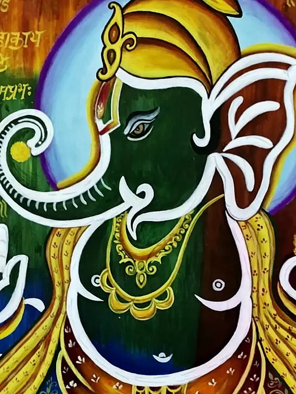 Standing Lord Ganesha With Slok Acrylic On Paper By Mohit Yadav