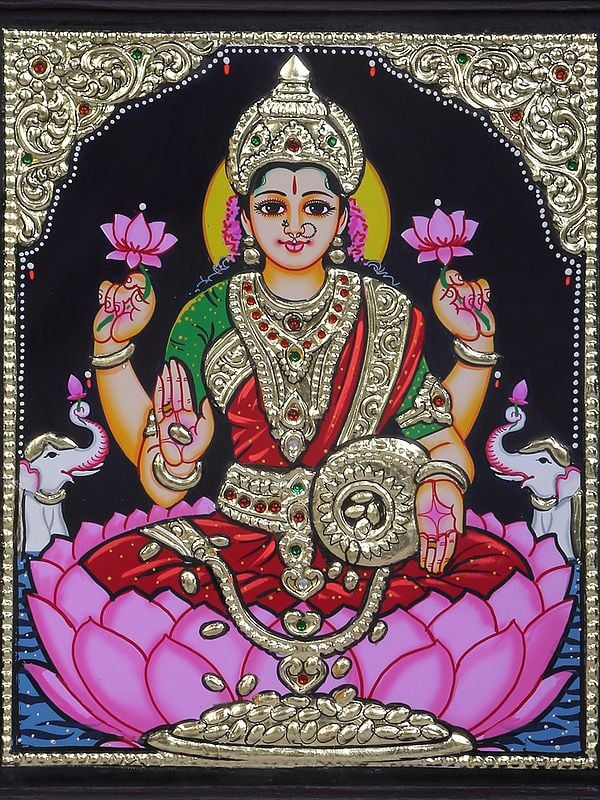 Goddess Gajalakshmi Tanjore Painting Traditional Colors With K Gold