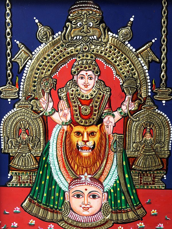 Kollur Mookambika Devi Tanjore Painting With Teakwood Frame Exotic