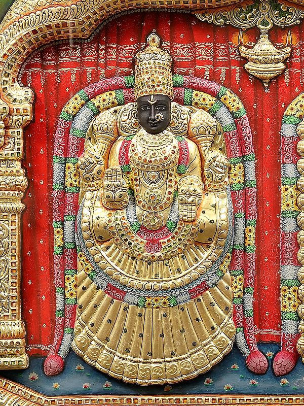 Lord Balaji And Goddess Padmavathi Embossed Tanjore Painting With