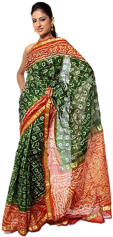 Green And Rust Bandhani Gharchola Sari From Gujarat Exotic India Art