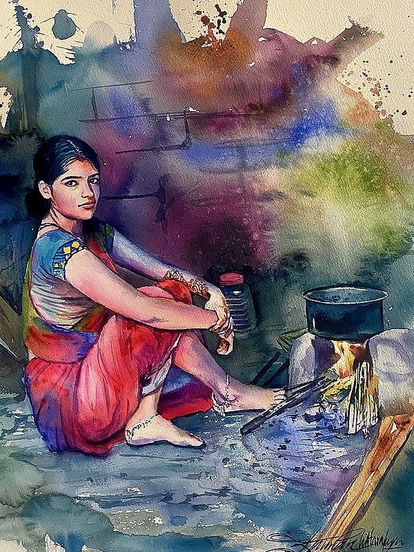 Rural Indian Woman Cooking Watercolor Painting Exotic India Art