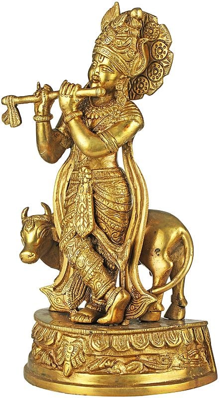 12 Venugopala Fluting Krishna With His Cow In Brass Handmade