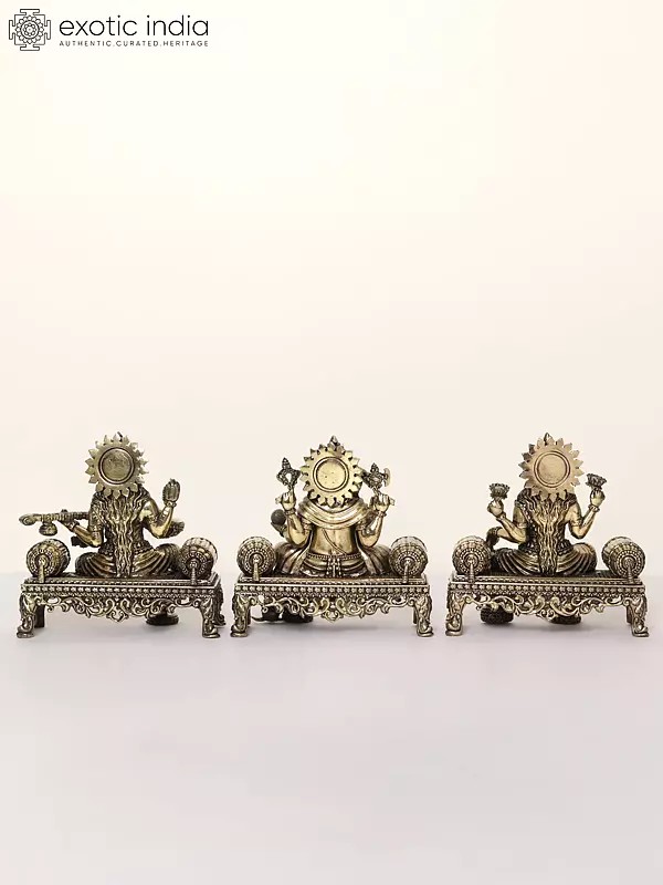 Superfine Lakshmi Ganesha Saraswati Idol Seated On Singhasan Brass