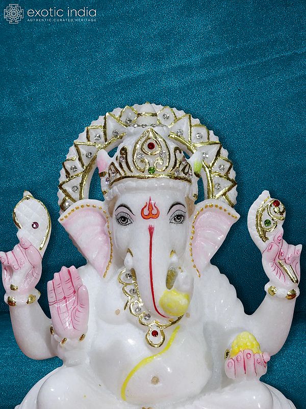 Lord Ganesh Sitting On Lotus Flower Statue Makrana Marble Statue