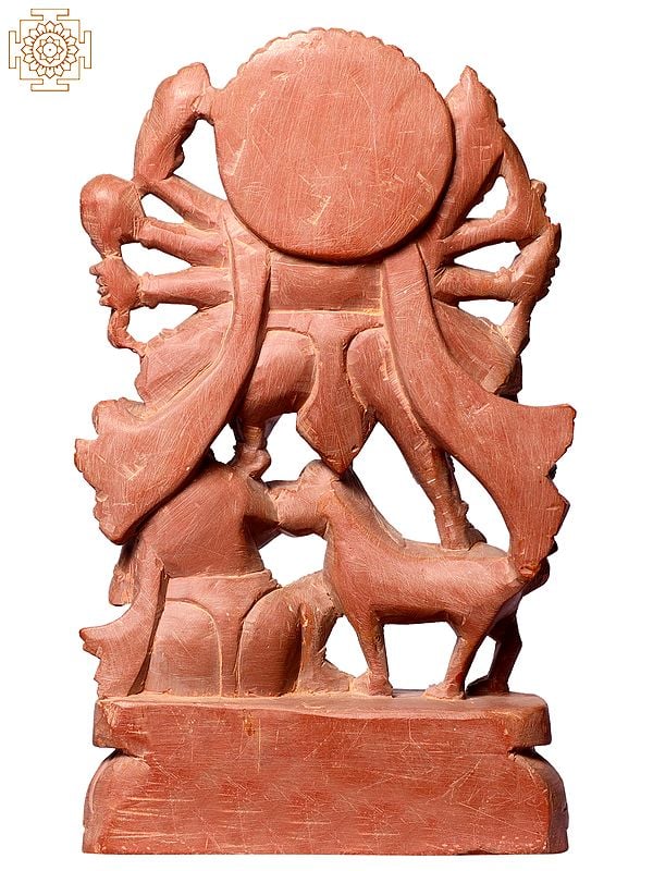 Goddess Durga Killing Mahishasura By Trident Pink Stone Statue