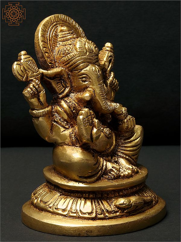 Small Sitting Chaturbhuja Lord Ganesha Idol Brass Statue Exotic