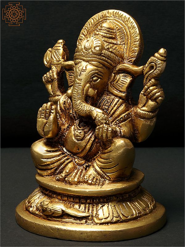 Small Sitting Chaturbhuja Lord Ganesha Idol Brass Statue Exotic