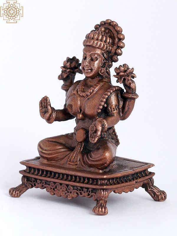 Copper Small Blessing Goddess Lakshmi Idol Seated On Pedestal