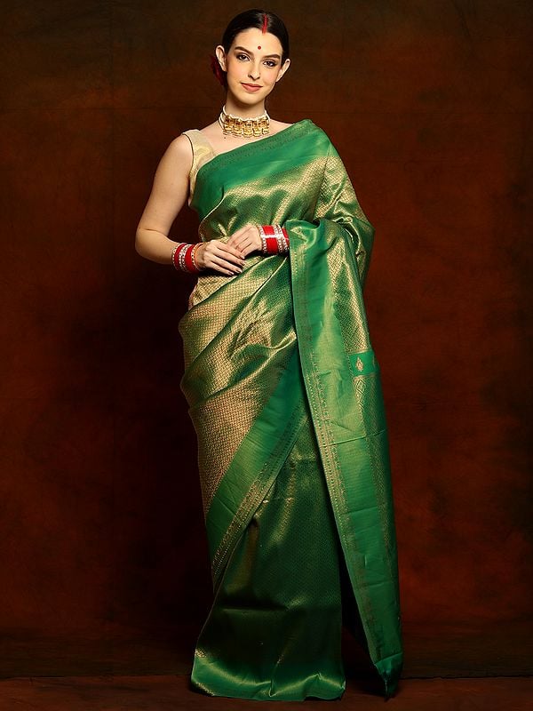 Emerald Green Kanjivaram Pure Silk Saree From Tamil Nadu Exotic India Art