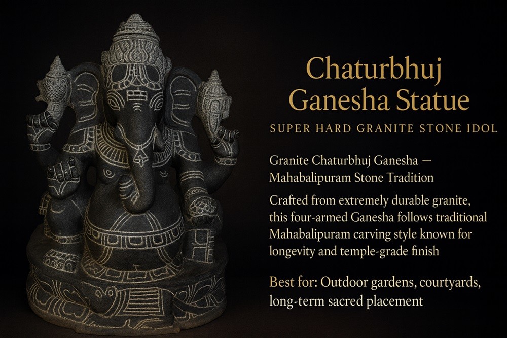 Chaturbhuj Ganesha Hard Granite Stone Idol