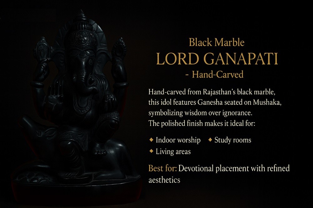 Black Marble Lord Ganapati Hand Carved Statue