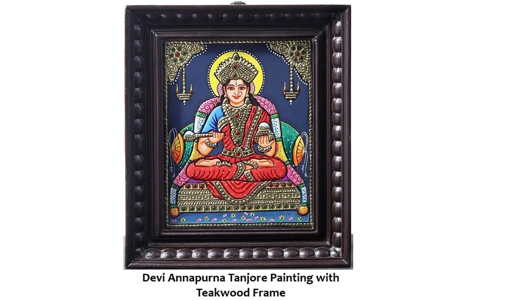 Devi Annapurna Tanjore Painting with Teakwood Frame