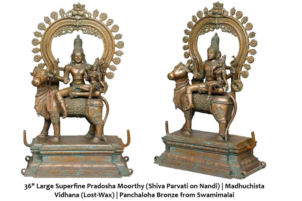 Large Superfine Pradosha Moorthy (Shiva Parvati on Nandi) Bronze Idol
