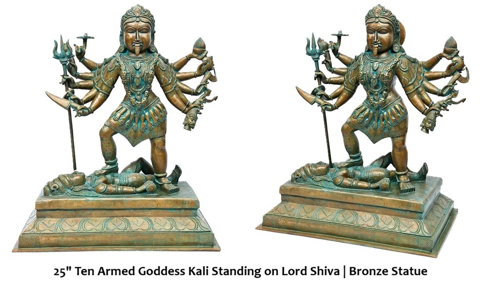 Ten Armed Goddess Kali Standing on Lord Shiva Bronze Statue