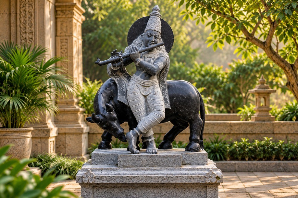 Lord Krishna Playing Flute with Cow