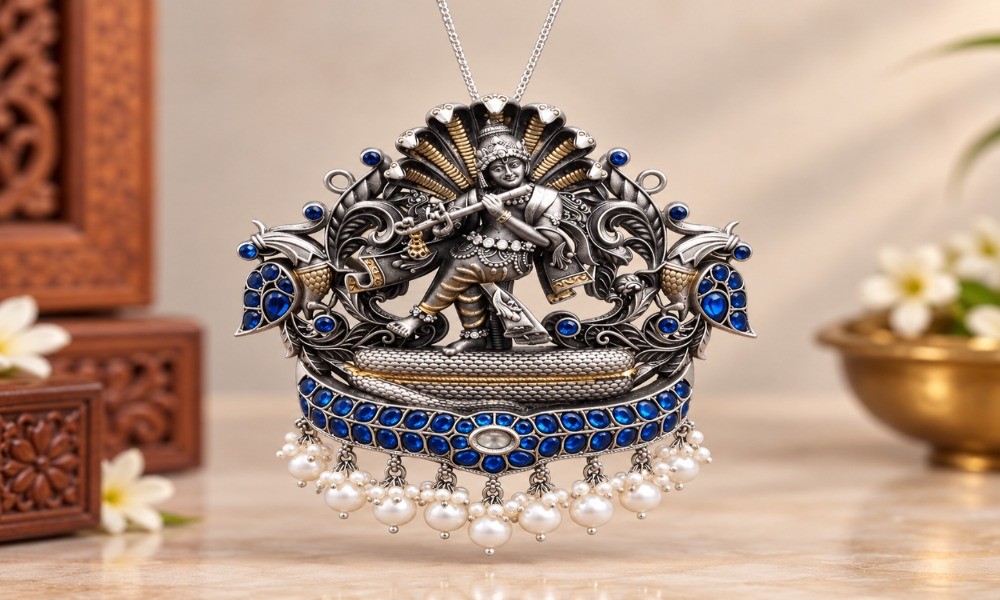 Sterling Silver Krishna Dancing on Kaliya Naag Pendant
