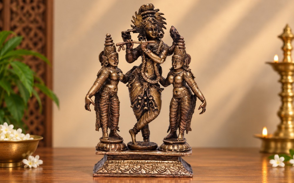 Krishna with Rukmini and Satyabhama Copper Statue