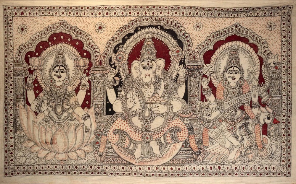 Lakshmi-Ganesha-Saraswati Kalamkari Painting