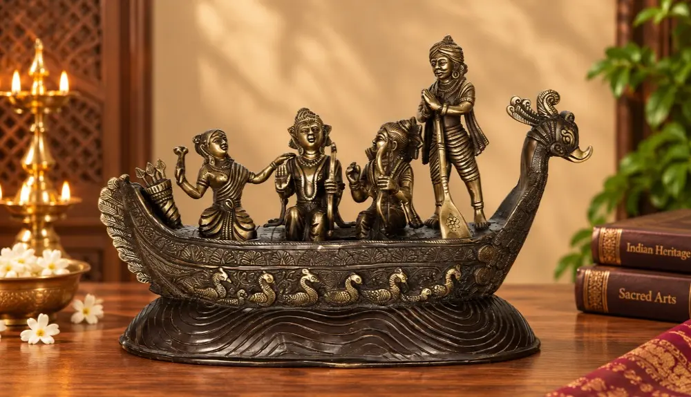 Shri Ram, Sita and Lakshman in Kewat's Boat