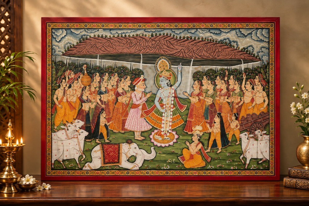 Lord Krishna lifting Govardhan Mountain