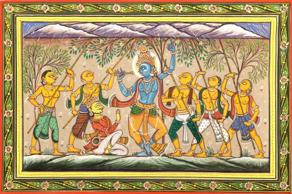 Krishna lifts Mount Gobardhan