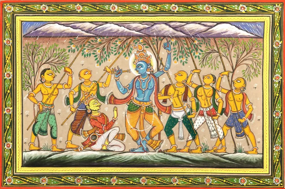 Krishna lifts Mount Gobardhan