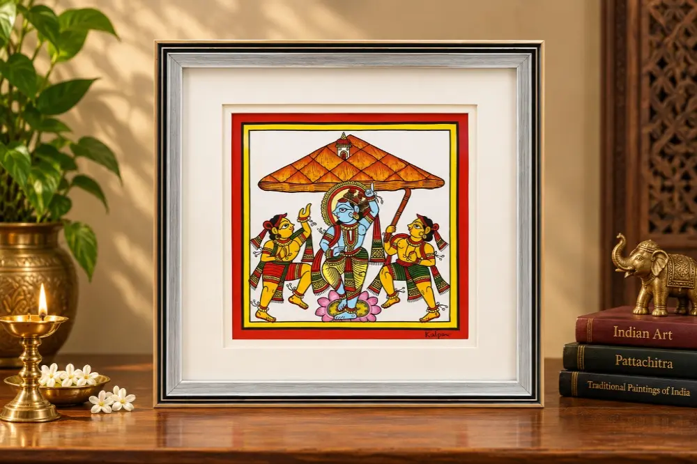 Krishna Lifting Govardhan Hill Phad Folk Art Painting