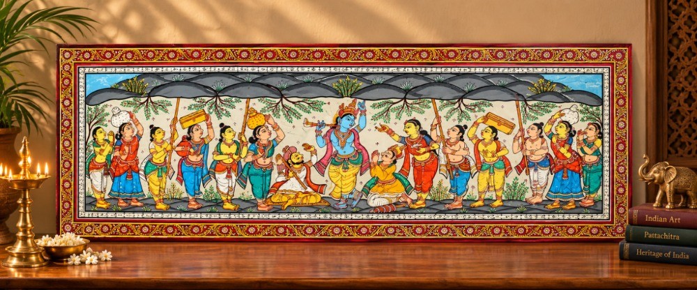 Lord Krishna Lifts Mount Govardhan | Odisha Painting