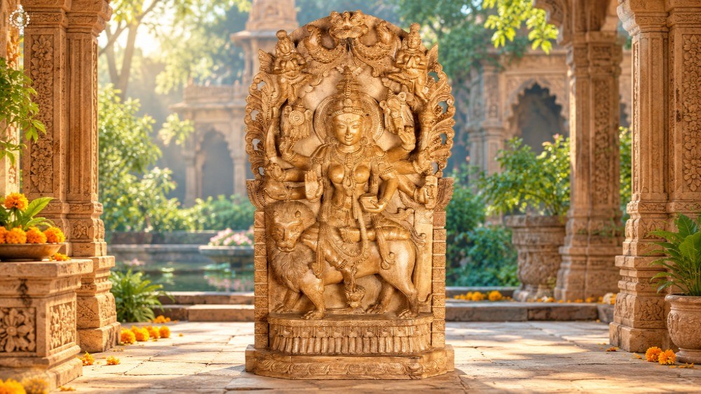 Goddess Durga with Vidyadharas and Kirtimukha Atop