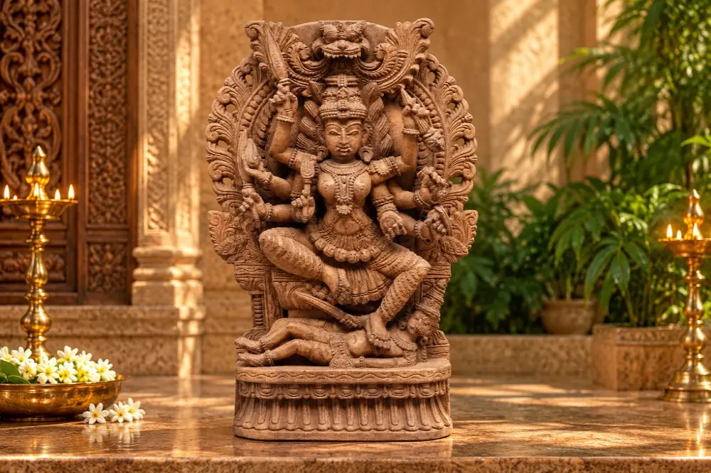 Eight-Armed Goddess Kali Seated on Kirtimukha Throne - Wood Carving