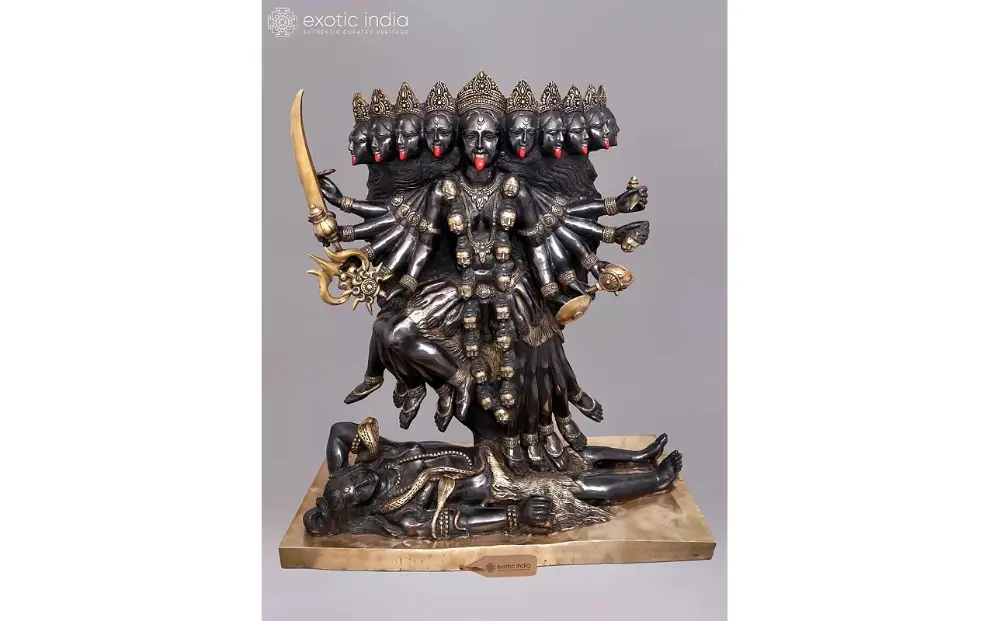Brass Statue: Fierce Mahakali with Multiple Heads and Arms on Lord Shiva“ xss=