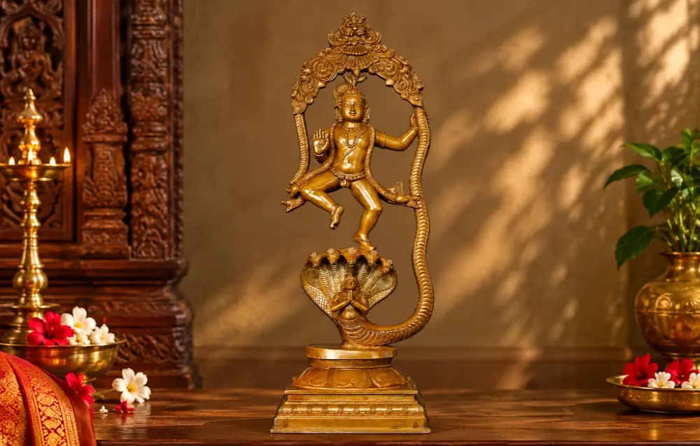 Superfine Kaliya Krishna Bronze Statue with Kirtimukha Prabhavali