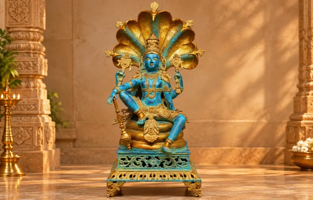 Blue and Gold Four Armed Lord Vishnu Seated on Sheshnag | Brass Statue