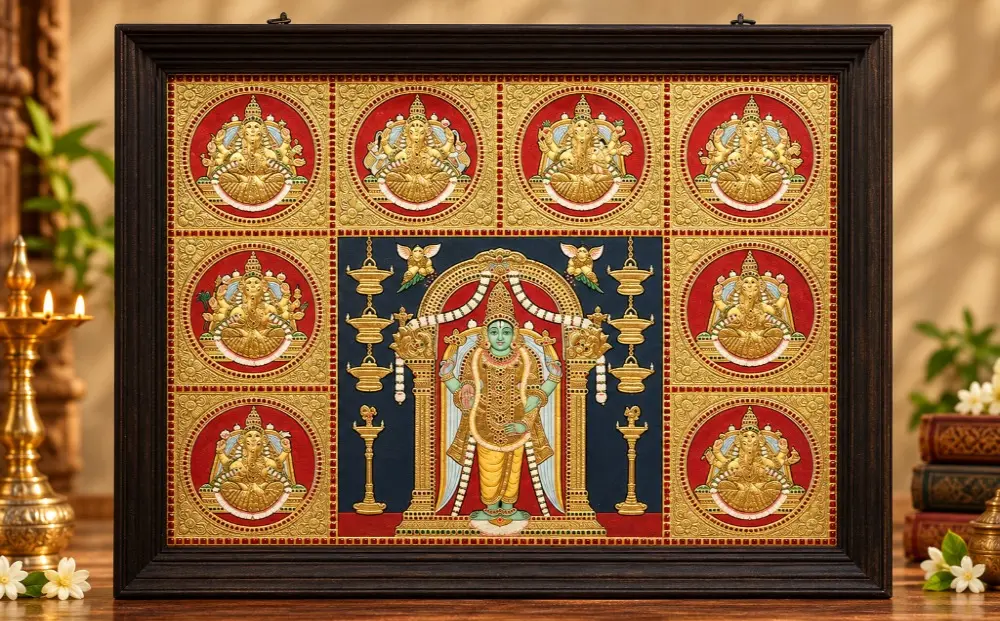 Large Lord Vishnu with Ashtalakshmi Tanjore Painting | Traditional Colors With 24K Gold | Teakwood Frame