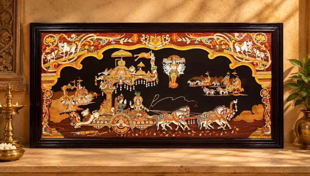 Large Geeta Upadesha with Vishvarupa of Lord Vishnu | Superfine Colorful 3D Panel in Rosewood with Inlay Work