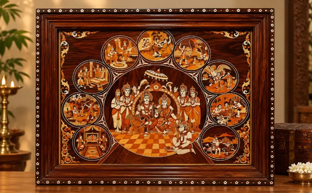 Story Of Lord Rama - Ram Darbar | Rosewood Panel With Inlay Work