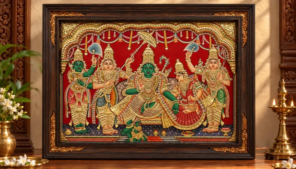Shri Ram Darbar Tanjore Painting with Vintage Teakwood Frame | 22 Karat Gold Embossed Work