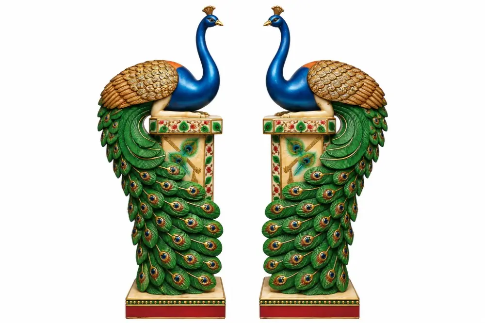 Large Marble Peacock Figurine Pillar (Pair)