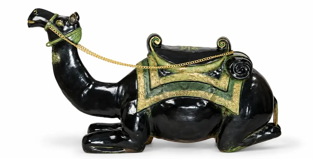 Large Black and Green Sitting Camel Figurine in Brass