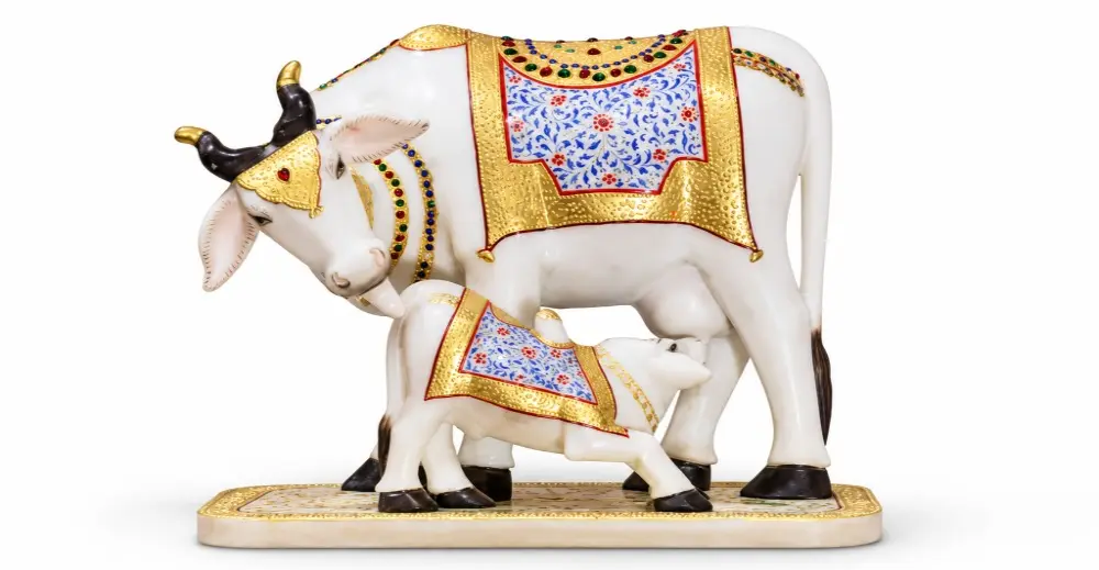 Marble Sculpture of Cow and Calf - 13 Inch Divine Figurine
