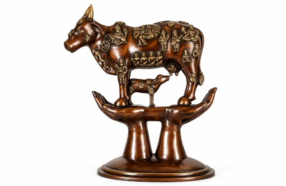 Kamadhenu Cow with Calf on Hands Stand | Brass Statue