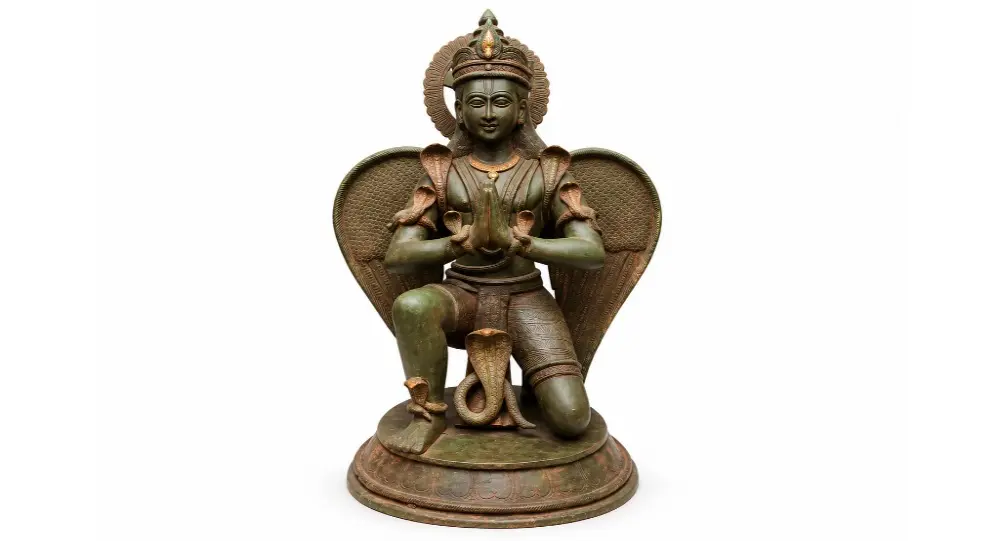 Brass Garuda Sculpture in Namaste Pose with Serpent Adornments
