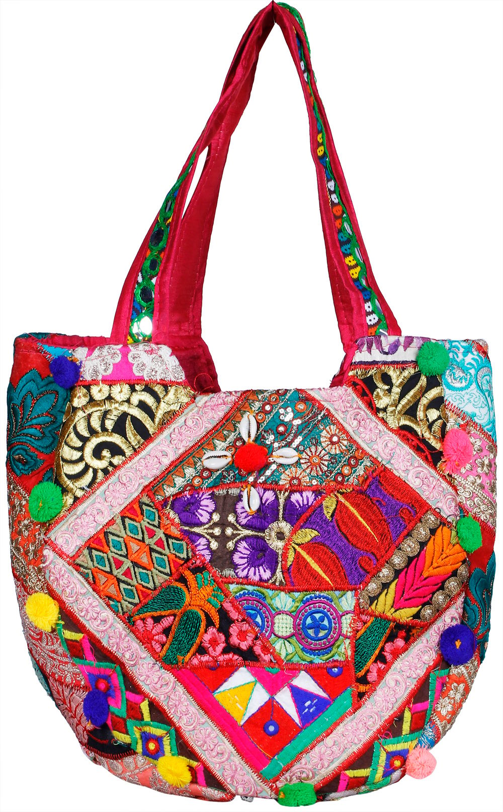 Multicolored Shopper Bag from Kutch with Floral Embroidery and Sea-Shells