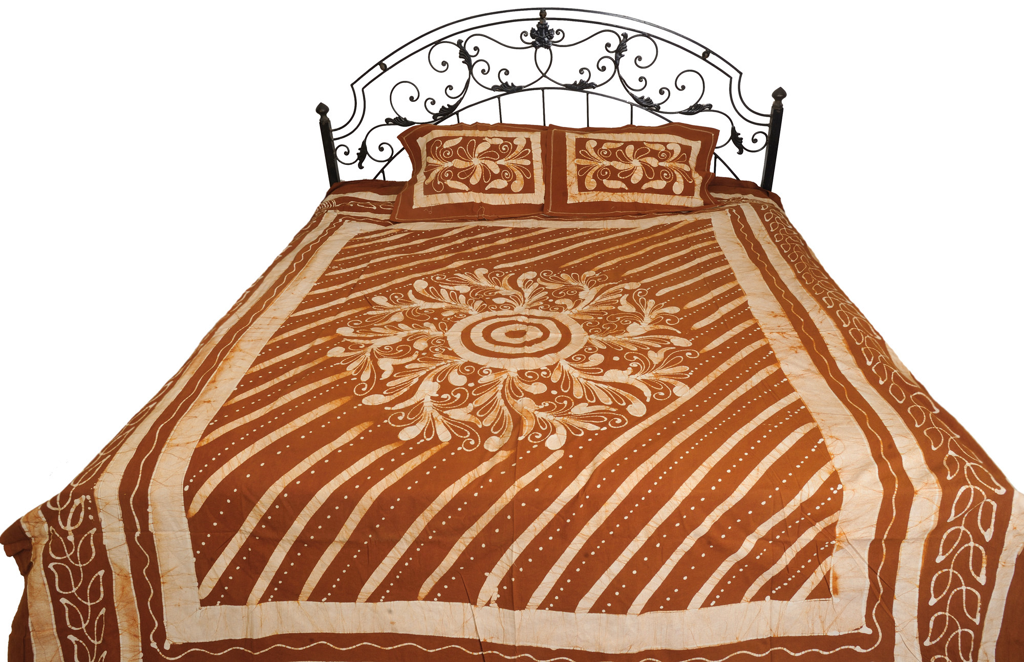 Carob Brown  Batik  Dyed Bedsheet with Floral  Motif and Stripes